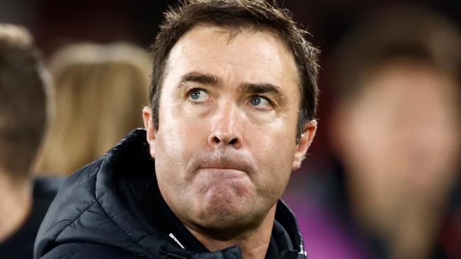 MELBOURNE, AUSTRALIA - JULY 27: Brad Scott, Senior Coach of the Bombers looks on during the 2024 AFL Round 20 match between the St Kilda Saints and the Essendon Bombers at Marvel Stadium on July 27, 2024 in Melbourne, Australia. (Photo by Michael Willson/AFL Photos via Getty Images)