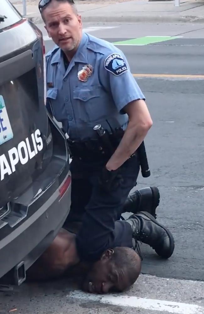 Derek Chauvin kneeling on George Floyd’s neck. Picture: Facebook/AFP