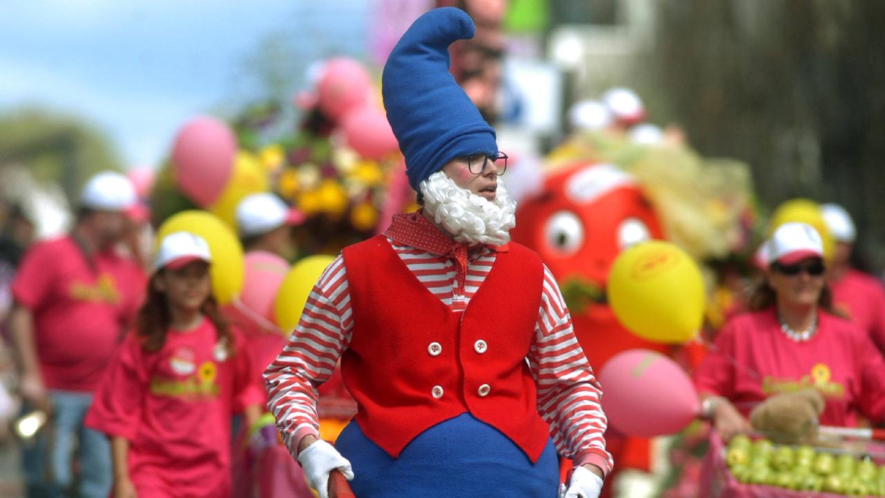 Garden Gnome providing a bit of light hearted entertainment during the Toowoomba Carnival of Flowers – Street Parade that took place through the city. Numbers down a little from last year after the parade was cancelled due to strong winds. Picture: David Martinelli.