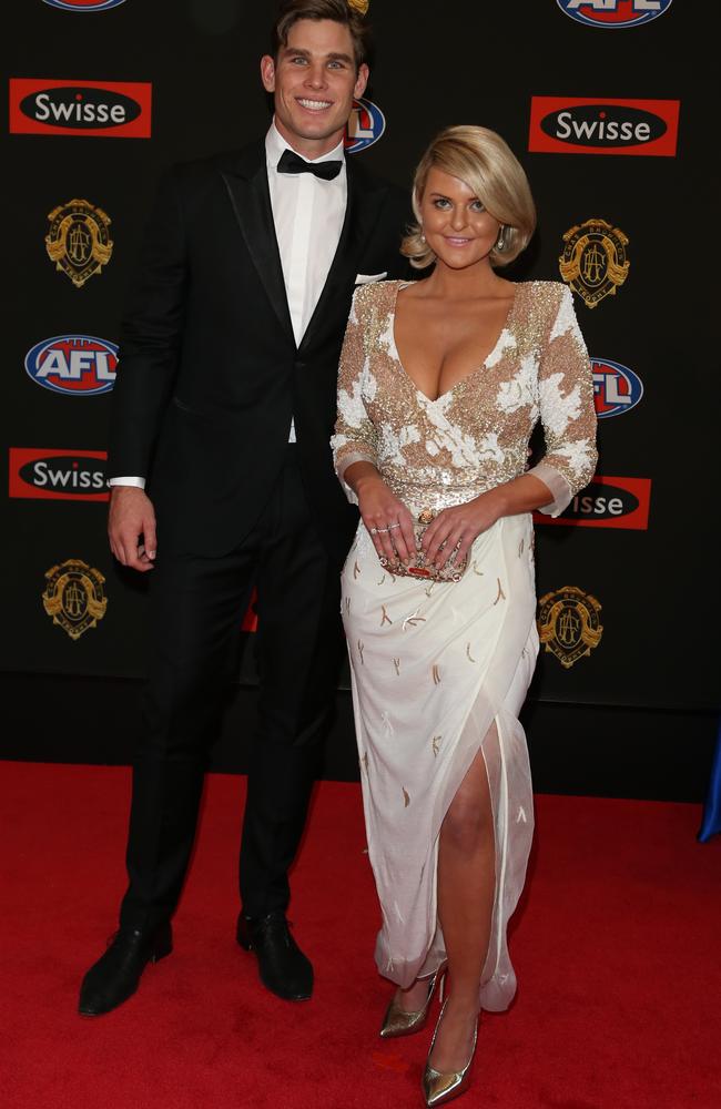 Tom Hawkins and Emma Clapham both wore wool outfits to the 2014 Brownlow Medal. Picture: Alex Coppel