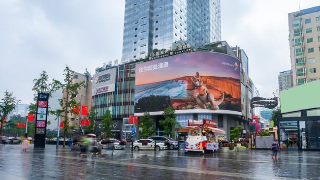 Ruby the Roo has been bouncing onto electronic billboards all over the world, including in Chengdu, China. Picture: Tourism Australia