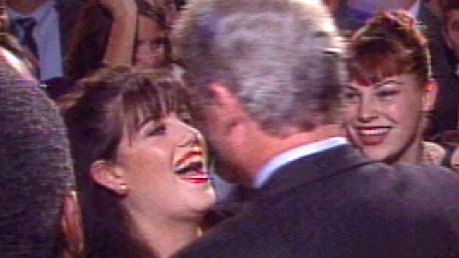 A CNN video still from 1996 of former White House intern Monica Lewinsky left greeting President Bill Clinton.