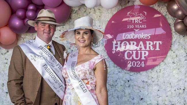 Michael Carty (Best Dress Couple and Best Dressed Gent) and Kelly Carty (Best Dress Couple). Hobart Cup 2024. Picture: Caroline Tan