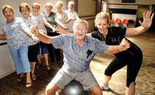 Getting fit: Lismore senior citizens (back from left) Fran Datt of Goonellabah, Joy Rodda of Goonellabah, Joan Estrich of Goonellabah, Joan McHattan of Caniaba, Maureen Patch of Modanville and Jack Jensen of Modanville while Donald Davison of Coraki uses a fit ball before Southern Cross student and gym instructor Katy Lawryk. Picture: Jacklyn Wagner