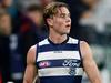 MELBOURNE, AUSTRALIA - MAY 04: Tanner Bruhn of the Cats is seen leaving the ground at half time during the 2024 AFL Round 08 match between the Melbourne Demons and the Geelong Cats at The Melbourne Cricket Ground on May 04, 2024 in Melbourne, Australia. (Photo by Dylan Burns/AFL Photos via Getty Images)