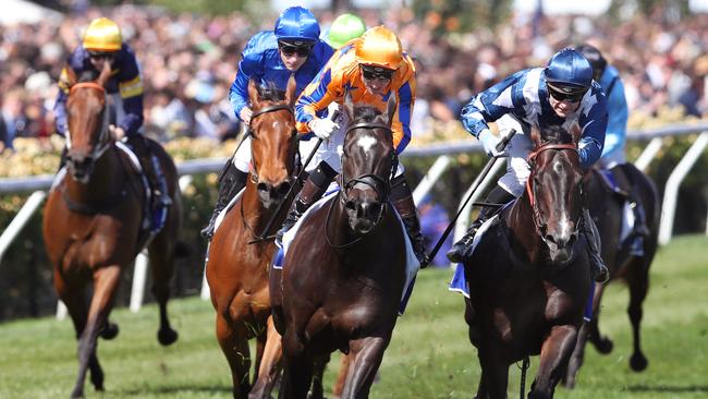 MELBOURNE, AUSTRALIA - NewsWire Photos, NOVEMBER 11, 2023. Imperatriz ridden by jockey Opie Bosson wins the Darley Champions Sprint at the TAB Champion Stakes Day at Flemington Racecourse in Melbourne. Picture: NCA NewsWire / David Crosling