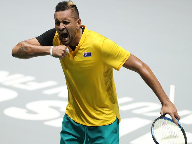 MADRID, SPAIN - NOVEMBER 20: Nick Kyrgios of Australia celebrates match point in his Davis Cup Group Stage match against Steve Darcis of Belgium during Day Three of the 2019 David Cup at La Caja Magica on November 20, 2019 in Madrid, Spain. (Photo by Alex Pantling/Getty Images)