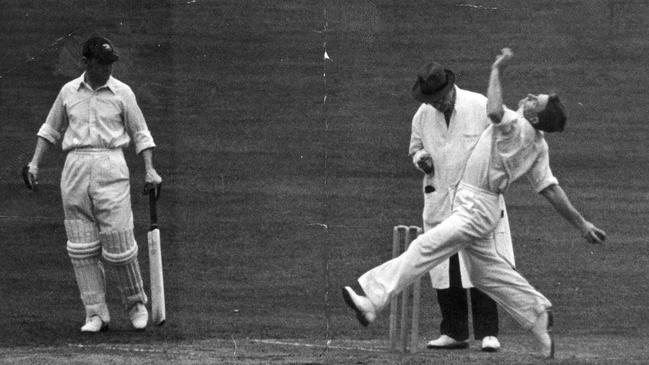 Ray Lindwall bowling at The Oval in 1948.