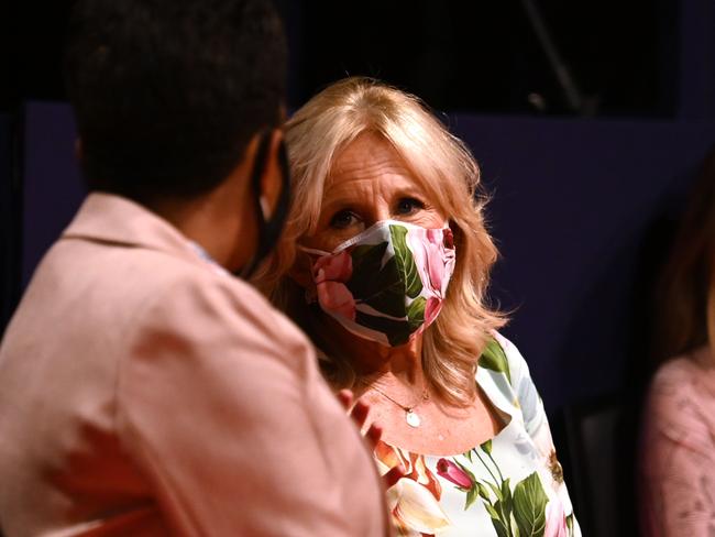 Joe Biden wife Jill wears a face mask during the debate. Picture: AFP