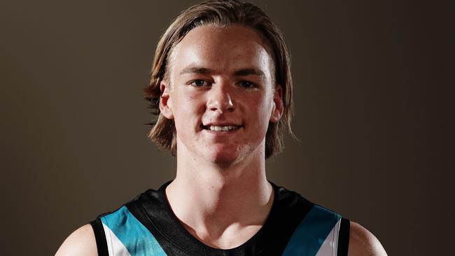 Miles Bergman of the Port Adelaide Power poses for a photograph during the first round of the 2019 AFL Draft at Marvel Stadium in Melbourne, Wednesday, November 27, 2019. (AAP Image/Scott Barbour) NO ARCHIVING