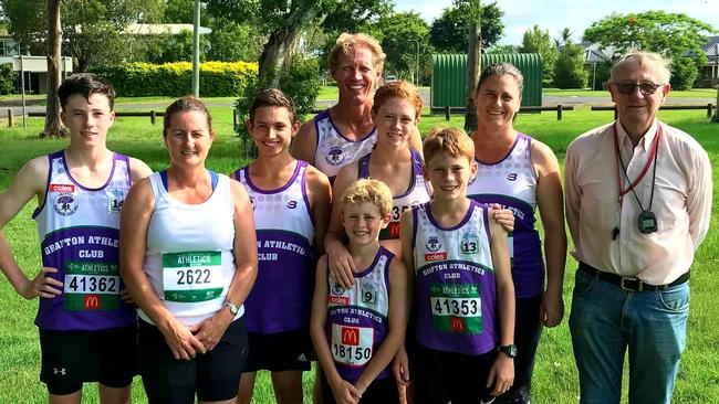 The Grafton Athletics Club after winning a swag of medals at the NSW Country Championships last year, including Mitch Christiansen, Hanna Tait, Nicole Tait and coach Terry West.