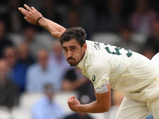 Australia's Mitchell Starc bowls on the opening day of the fifth Ashes cricket Test match between England and Australia at The Oval cricket ground in London on July 27, 2023. (Photo by Daniel LEAL / AFP) / RESTRICTED TO EDITORIAL USE. NO ASSOCIATION WITH DIRECT COMPETITOR OF SPONSOR, PARTNER, OR SUPPLIER OF THE ECB