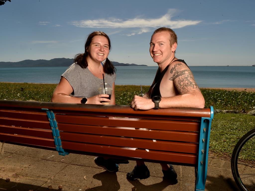 Townsville residents relaxing on the Strand after the relaxation of COVID-19 restrictions. Stevie Fischer and Cameron Cummins from Annandale. Picture: Evan Morgan