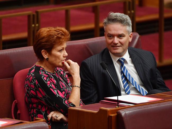 Liberal powerbrokers Mathias Cormann and Michaelia Cash held a “secret meeting” with Pauline Hanson last December, Marye Louise Daniels claims. Picture: AAP