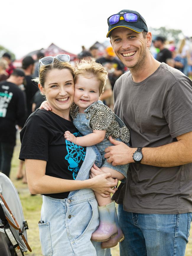 Kirsty and Adam Donnelly with their daughter Harper at Meatstock at Toowoomba Showgrounds, Saturday, April 9, 2022. Picture: Kevin Farmer