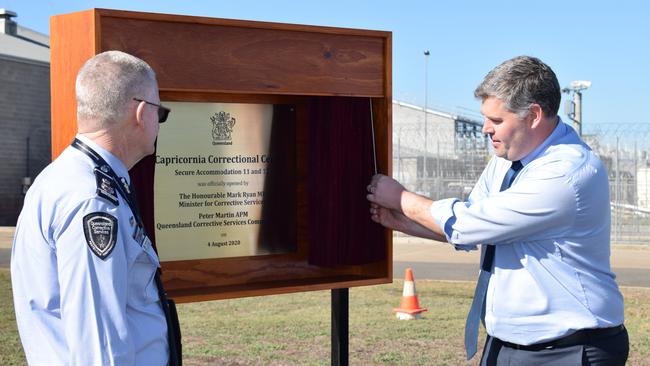 Minister for Correctional Services Mark Ryan and Commissioner Peter Martin unveiling the plaque, opening a newly completed section of the $241m expansion of Capricornia Correctional Centre. Pictures: Aden Stokes