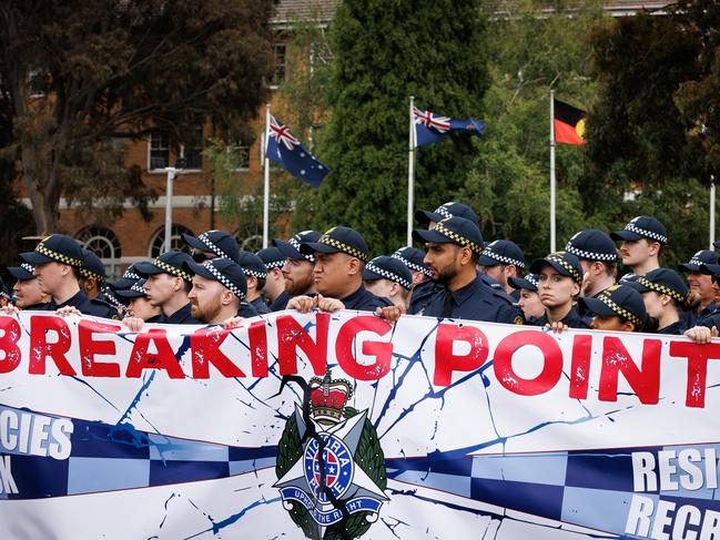 Victorian Police stage a walkout protest at Victorian Police Academy in Glen Waverley over ongoing industrial relations pay disputes. Picture: NewsWire