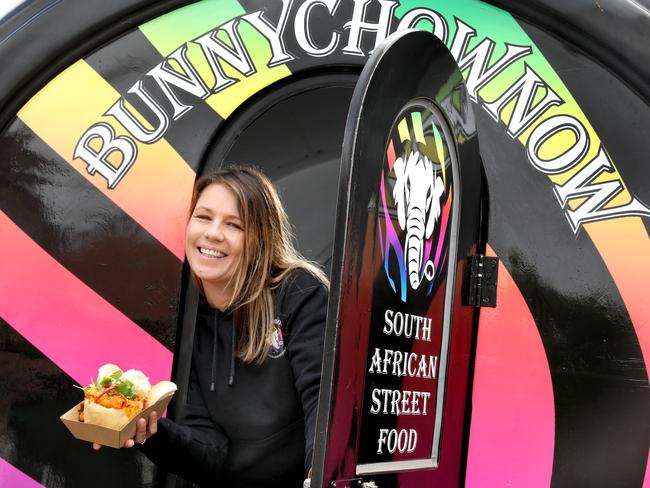 Food trucks - Bunnychownow owner Krystal Bramwell in front of her food truck with a "bunny chowÃ, traditional African street food. 6 February 2021. Picture Dean Martin