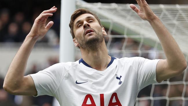 Tottenham Hotspur's Fernando Llorente reacts after missing a scoring chance during the English Premier League soccer match between Tottenham Hotspur and West Ham United at White Hart Lane in London, Saturday, April, 27, 2019. (AP Photo/Alastair Grant)