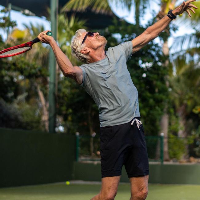 He's up at 6am and on the tennis court of his private island – Necker Island – by 6.15am. Picture: Instagram/richardbranson