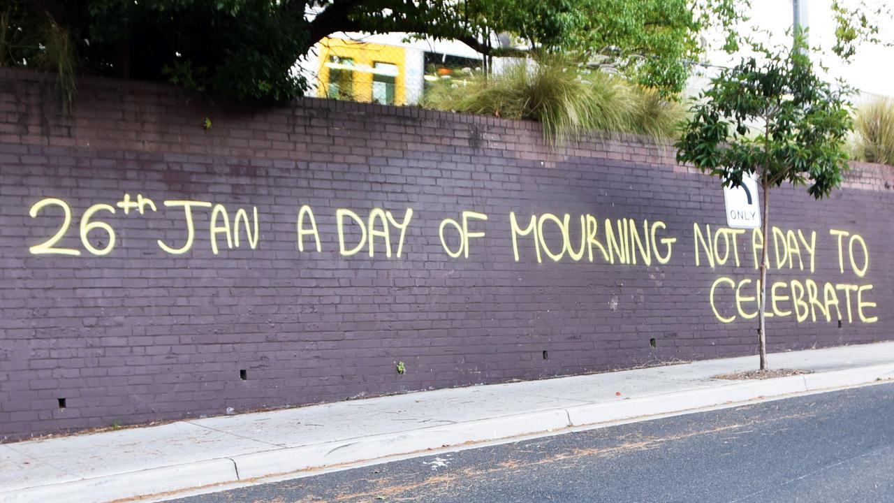 Invasion day sign seen on a street in the Sydney suburb of Erskineville on the morning of January 26, 2021. Picture: Victoria Nielsen/news.com.au