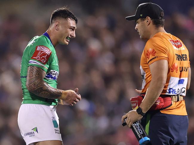 Canberra fullback Charnze Nicoll-Klokstad failed to finish last Friday’s clash against the Penrith Panthers. Picture: Mark Kolbe/Getty Images