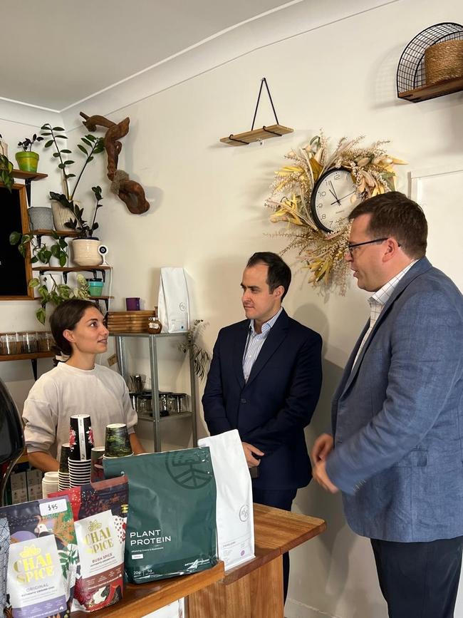 Vincent Tarzia and John Gardner speak with Kristina Natale at the Hidden Leaf cafe in Campbelltown. Picture: Supplied