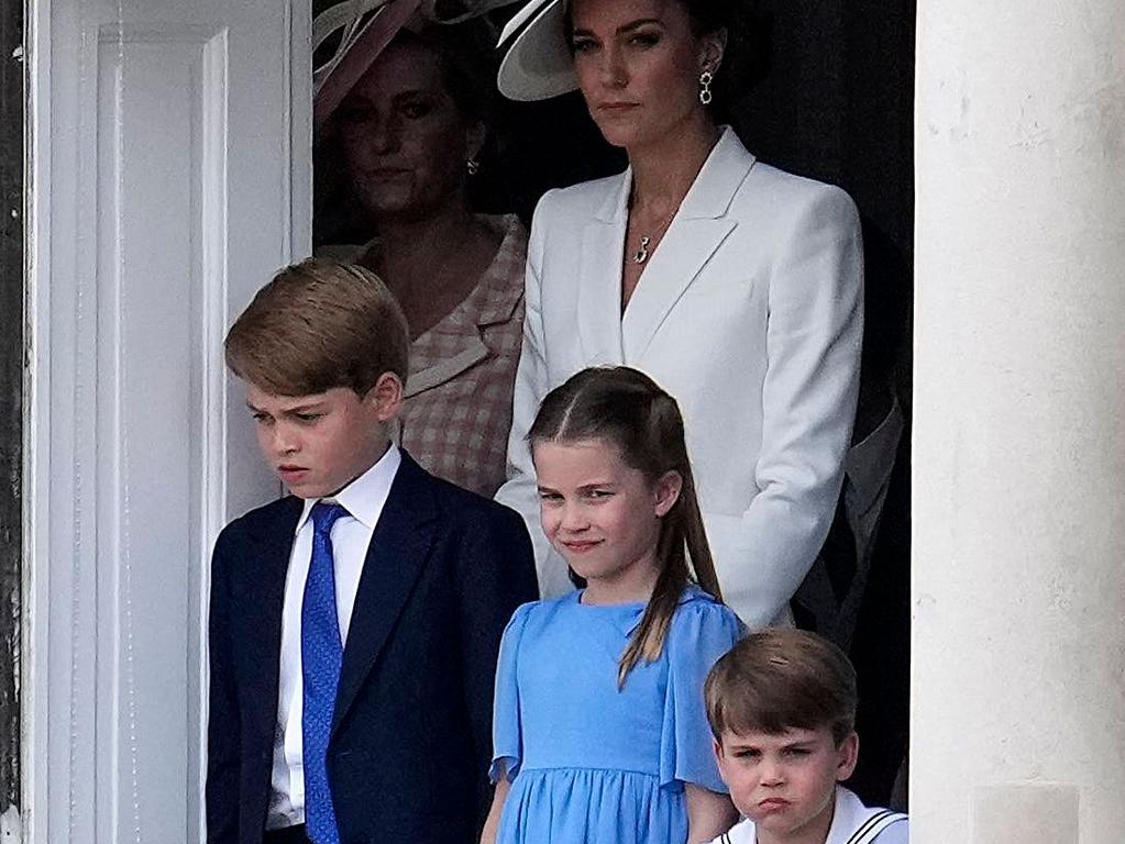 Kate Middleton, with her three children, watches on. Picture: AFP