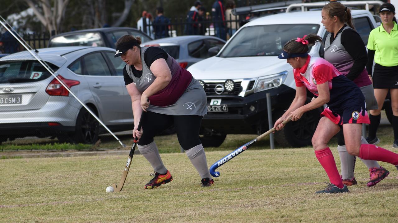 Lauren Scherer in possession for Gladstone in the club's clash against Toowoomba at the 2021 Queensland Hockey Women's Masters Championships in Warwick.