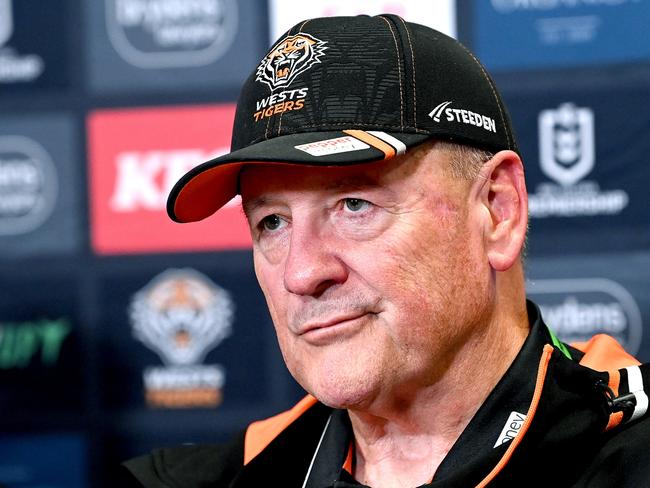 BRISBANE, AUSTRALIA - APRIL 01: Coach Tim Sheens of the Tigers looks dejected as he speaks at a after match press conference after the round five NRL match between Brisbane Broncos and Wests Tigers at Suncorp Stadium on April 01, 2023 in Brisbane, Australia. (Photo by Bradley Kanaris/Getty Images)