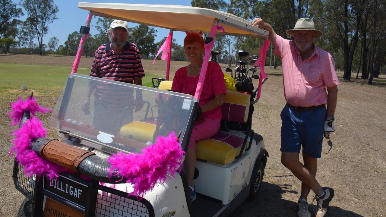 Bernie Reynolds, Joy horn and Bill Gar at the Proston Pink Golf Day on Saturday, November 16. (Photo: Jessica McGrath)