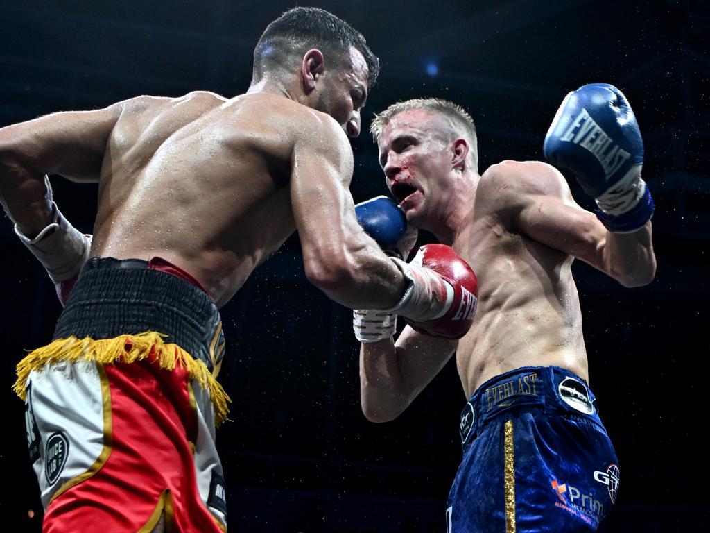 Liam Wilson (R) could land another world title fight after his win over Youssef Dib on the weekend. Picture: No Limit Boxing