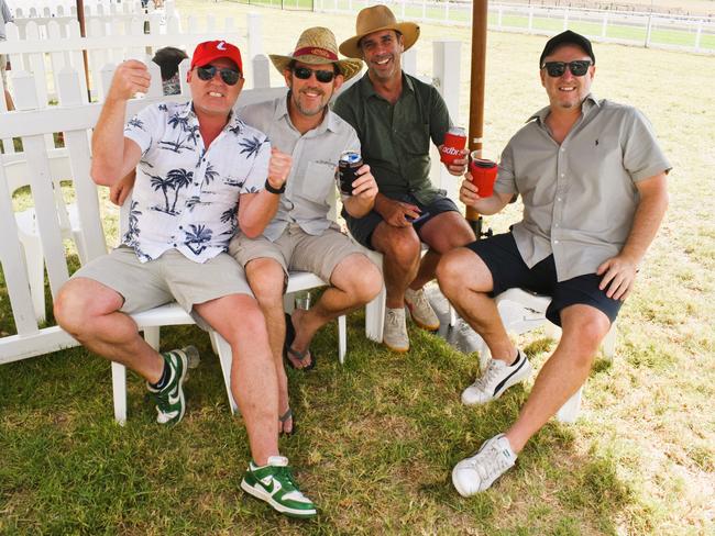 Damien Batey, Paul Nunn, Matt Bond and Steven Spears having an action-packed day at the Ladbrokes Stony Creek Cup on Sunday, March 09, 2025. Picture: Jack Colantuono