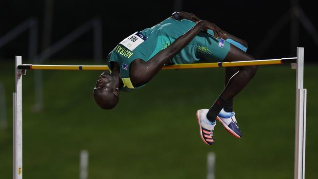 SUVA, FIJI . June 4, 2024.  Oceania Athletics Championships at HFC Bank Stadium, Suva.     Highjumper Yual Reath clrears on his way to winning the gold medal   . Pic: Michael Klein