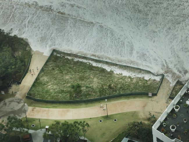 The view from Q1 of the giant surf, created by Cyclone Alfred, pounding the beachfront on the Gold Coast. Picture Glenn Hampson