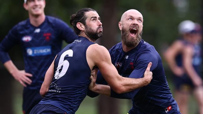 MELBOURNE . 06/02/2023.  AFL.  Melbourne training at Goschs Paddock.  Max Gawn and Brodie Grundy during todays session at Goschs Paddock . Pic: Michael Klein