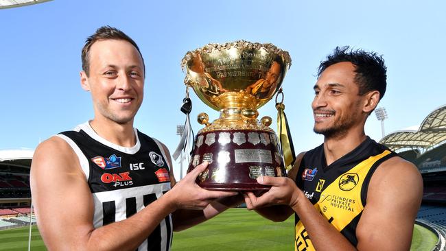 HOLD FOR FRIDAY'S PAPER .  SANFL grand final presser. Port Adelaide Captain Cam Suttcliffe and Glenelg Vice Captain Marlon Motlop at Adelaide Oval. Picture: Tricia Watkinson