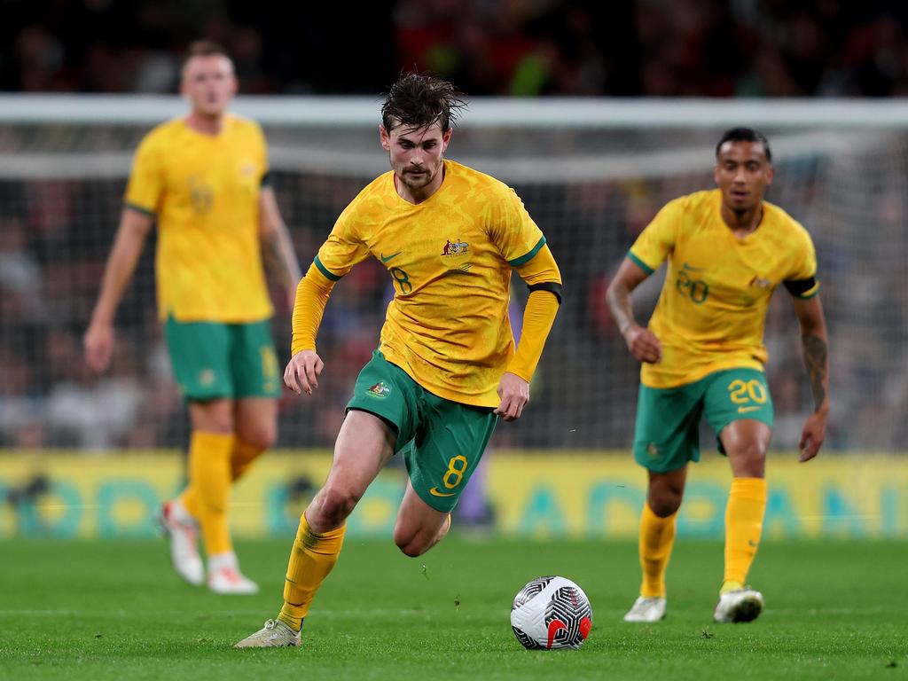 Socceroos midfielder Connor Metcalfe surges forward at Wembley. Picture: Tom Dulat/Getty Images