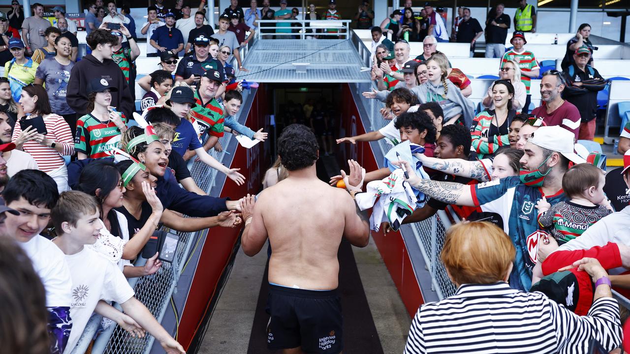 Latrell Mitchell walks into the dressing room after the Rabbitohs’ clash with the Dragons in Cairns. Picture: Brendan Radke