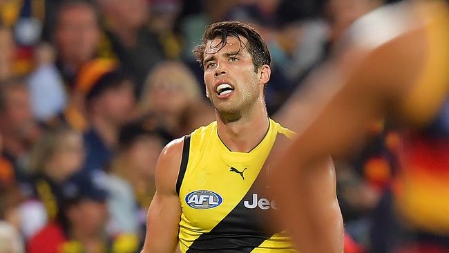 Alex Rance of the Tigers looks on dejected. (Photo by Daniel Kalisz/Getty Images)