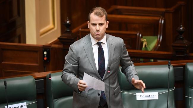 Jackson Taylor MP speaks in the Legislative Assembly at Parliament House in Melbourne in 2020. Picture: James Ross