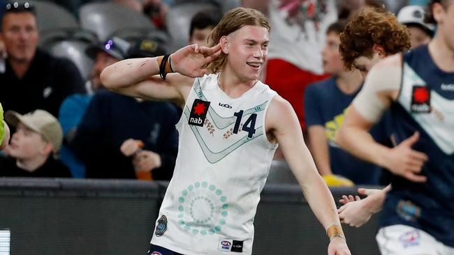 MELBOURNE, AUSTRALIA - SEPTEMBER 22: Harley Reid celebrates a goal during the 2022 U18 Championships match between Vic Metro and Vic Country at Marvel Stadium on September 22, 2022 in Melbourne, Australia. (Photo by Dylan Burns/AFL Photos via Getty Images)