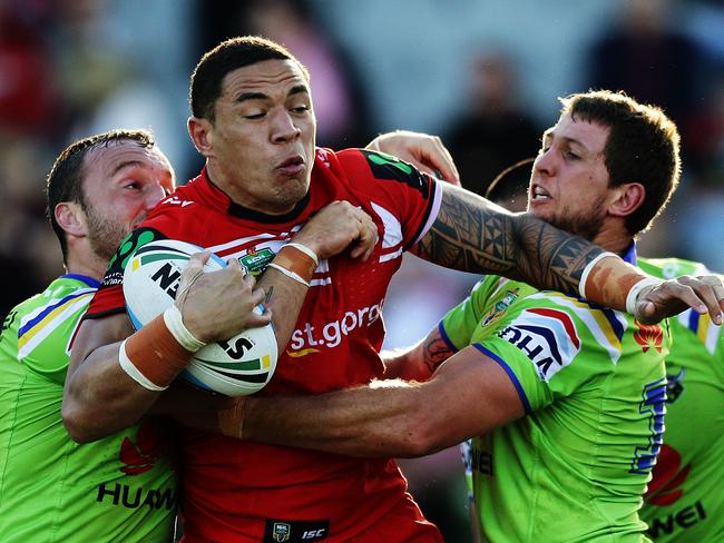 St George's Tyson Frizell tries to bust the line against the Raiders at WIN Stadium, Wollongong. Frizell will set you back $365,800. Picture: Brett Costello