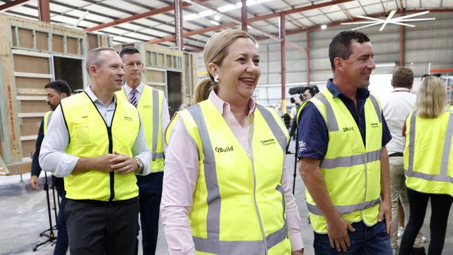 Queensland Premier Annastacia Palaszczuk holds a press conference at Q Build, where prefabricated homes are under construction as the housing crisis continues. Picture: NewsWire / Sarah Marshall