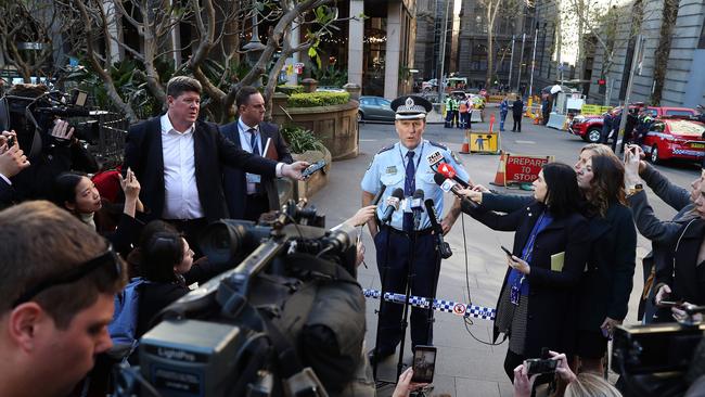 Superintendent Gavin Wood speaks to the media on the Clarence Street stabbing in Sydney yesterday. Picture: Brett Costello