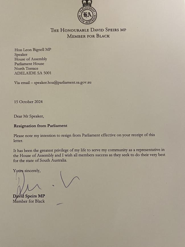 David Speirs Letter of resignation. Picture: Paul Starick