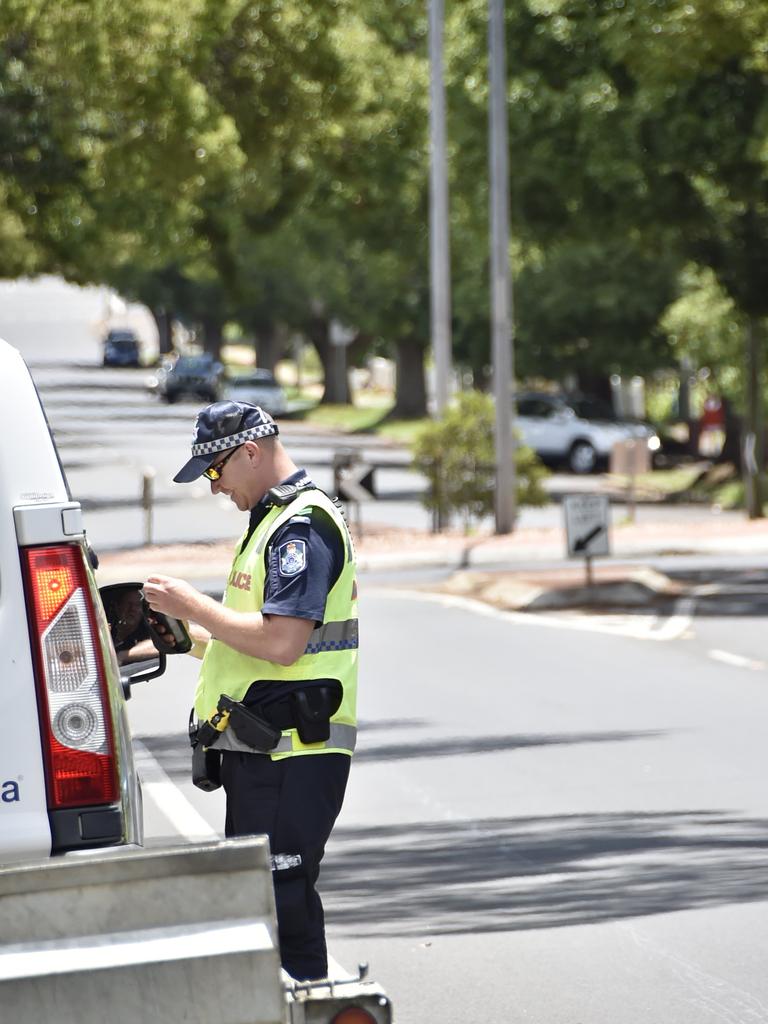 Toowoomba Road Policing Unit, Senior Constable Mike McLoughlin conducts roadside breath tests. Photo Bev Lacey / The Chronicle