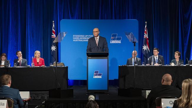 Peter Dutton addresses the Liberal Party Federal Council in Canberra on Saturday. Picture: NCA NewsWire / Martin Ollman