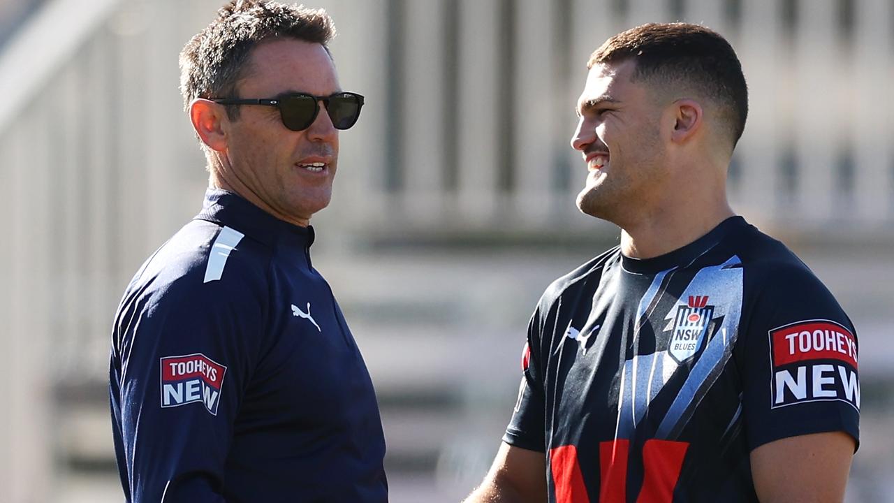 NSW Blues coach Brad Fittler speaks to Nathan Cleary. Picture: Mark Kolbe/Getty Images