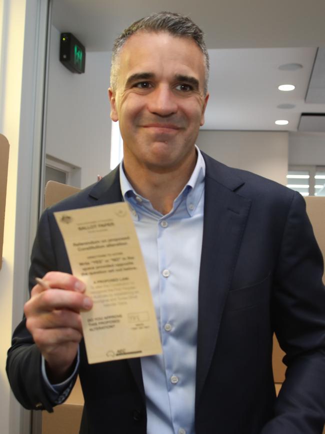 Premier Peter Malinauskas casting his ballots for a Voice to Federal Parliament. Picture: Dean Martin